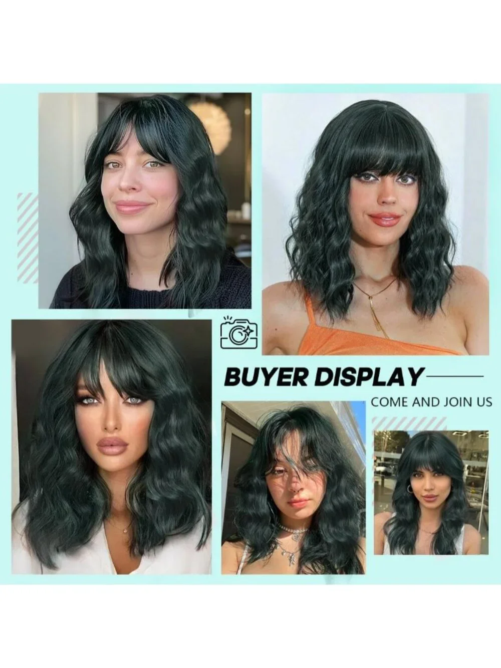 Women's Dark Green 16 Inch Wavy Wig Bangs Shoulder Length Synthetic Hair